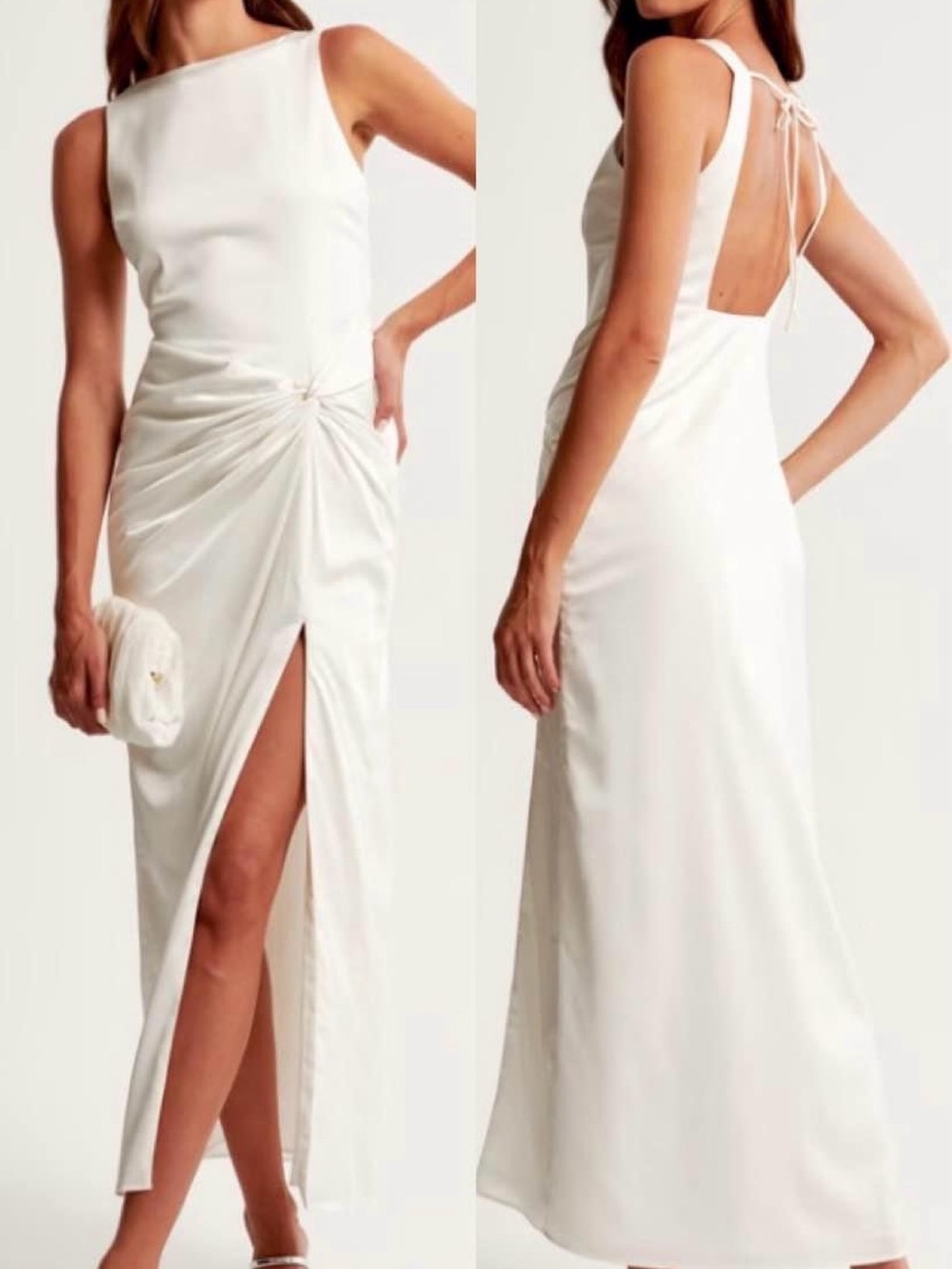 Abercrombie Elegant White Satin Twist-Detail Maxi Dress